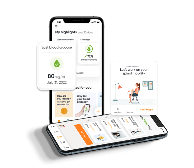 Dario app screens: daily highlights with a glucose reading, recommendations, and a posture exercise card.