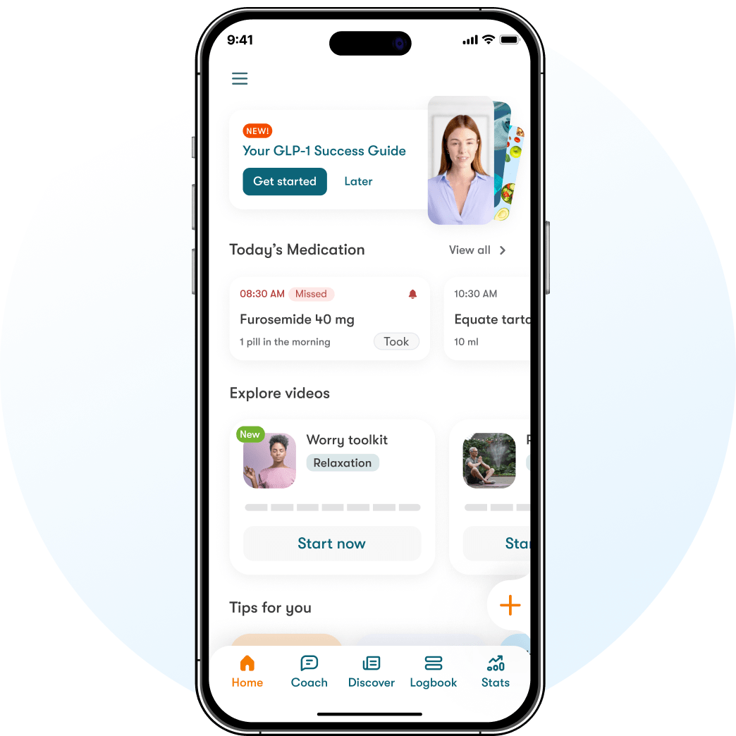 Dario app home screen with a medication list, a success guide and a toolkit of short videos about managing worry.