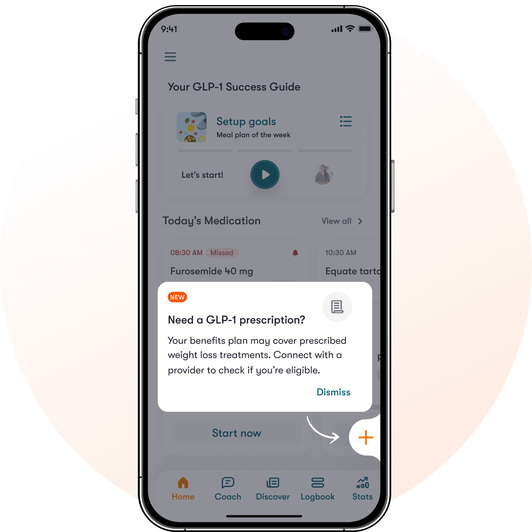 Dario app card inviting a member to connect with a provider to check eligibility for a GLP-1 prescription.