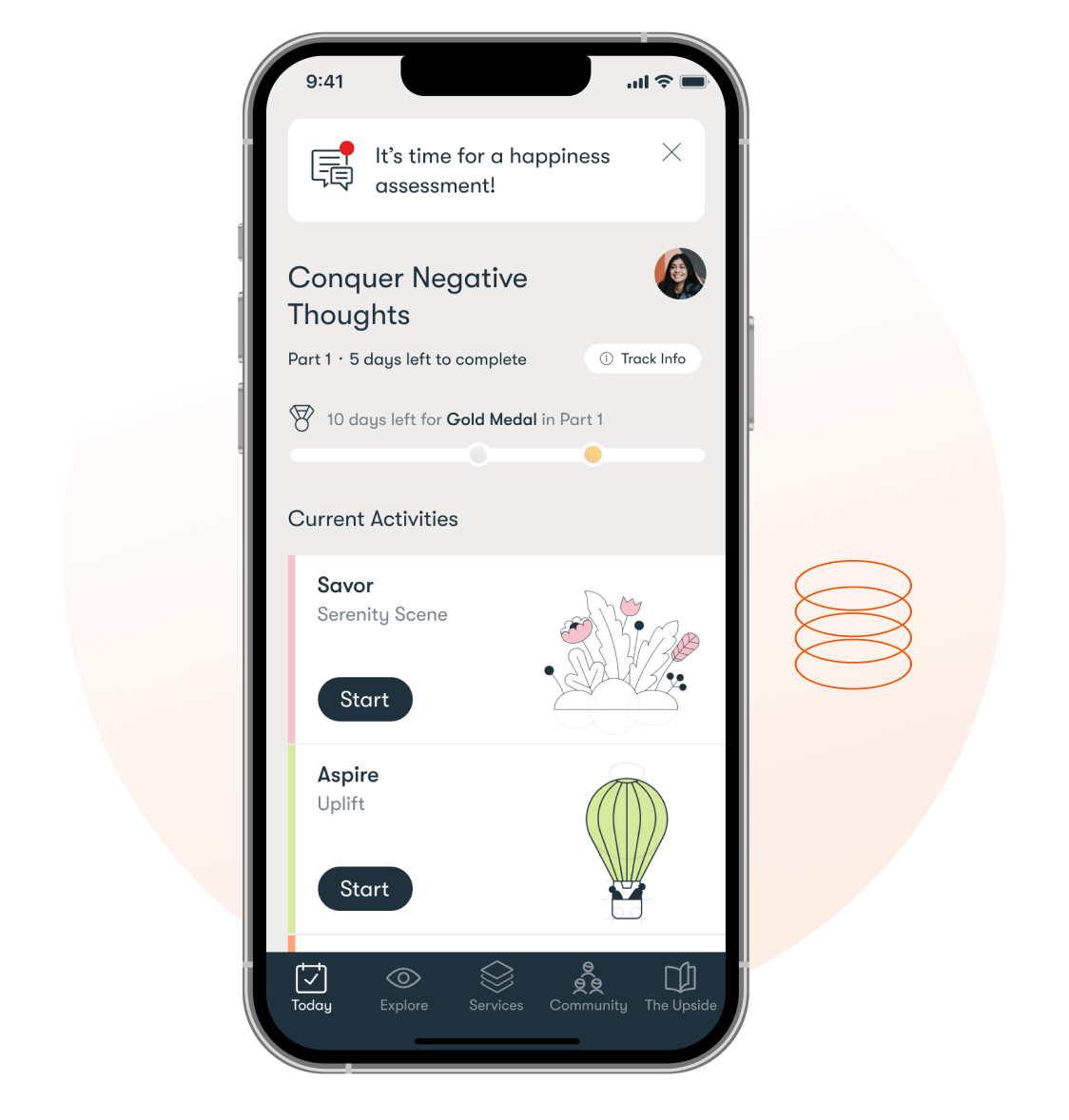 Dario Mind app showing a track called Conquer Negative Thoughts with activities to start.