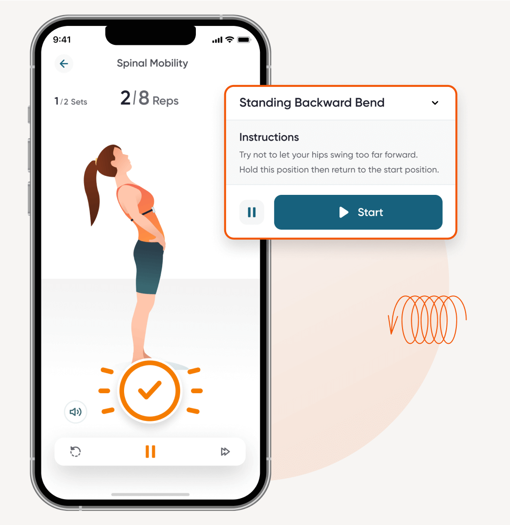 Dario Move app guiding a standing exercise with repetition feedback.