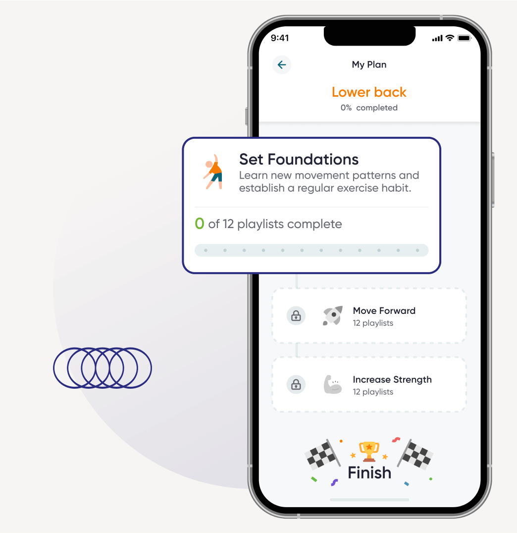 Dario Move app showing a lower-back plan with exercise playlists.