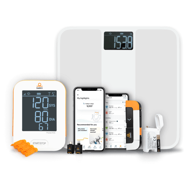 Dario connected devices: a blood-pressure monitor, a smart scale, a smartphone glucose meter and two screens of the Dario app showing logged readings.